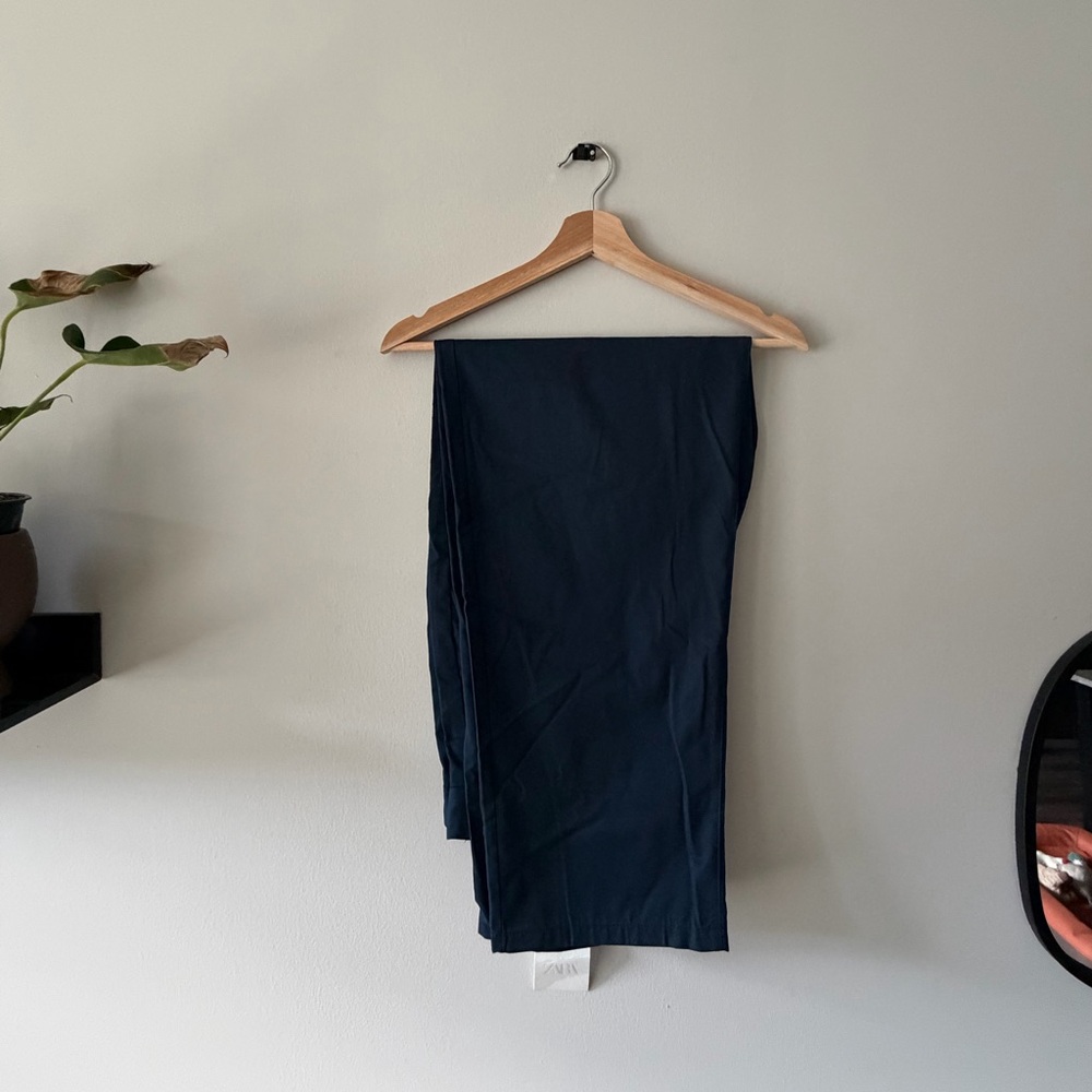 New Navy Blue Zara Regular-Fit Pleated Pants